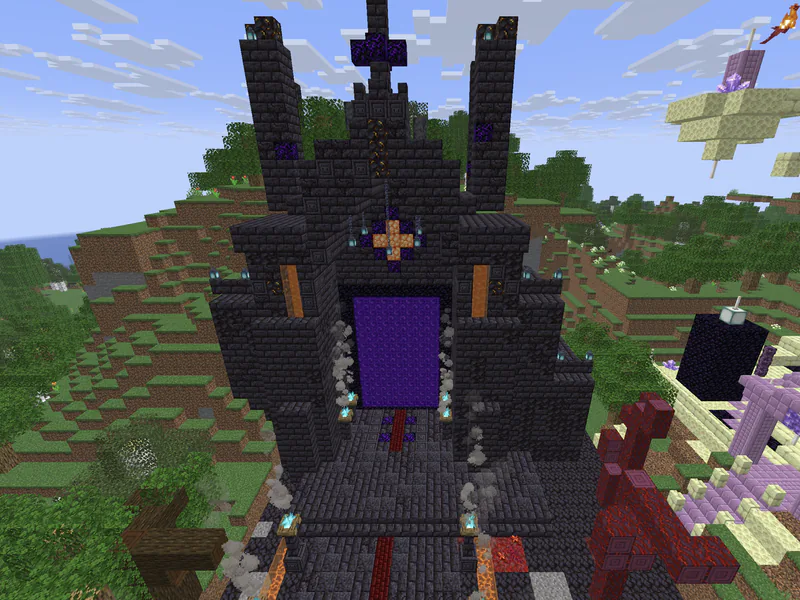 Tall Nether gate in blackstone brick with a glowing purple portal, soul lanterns, smoking braziers and a red carpet, on a hillside.