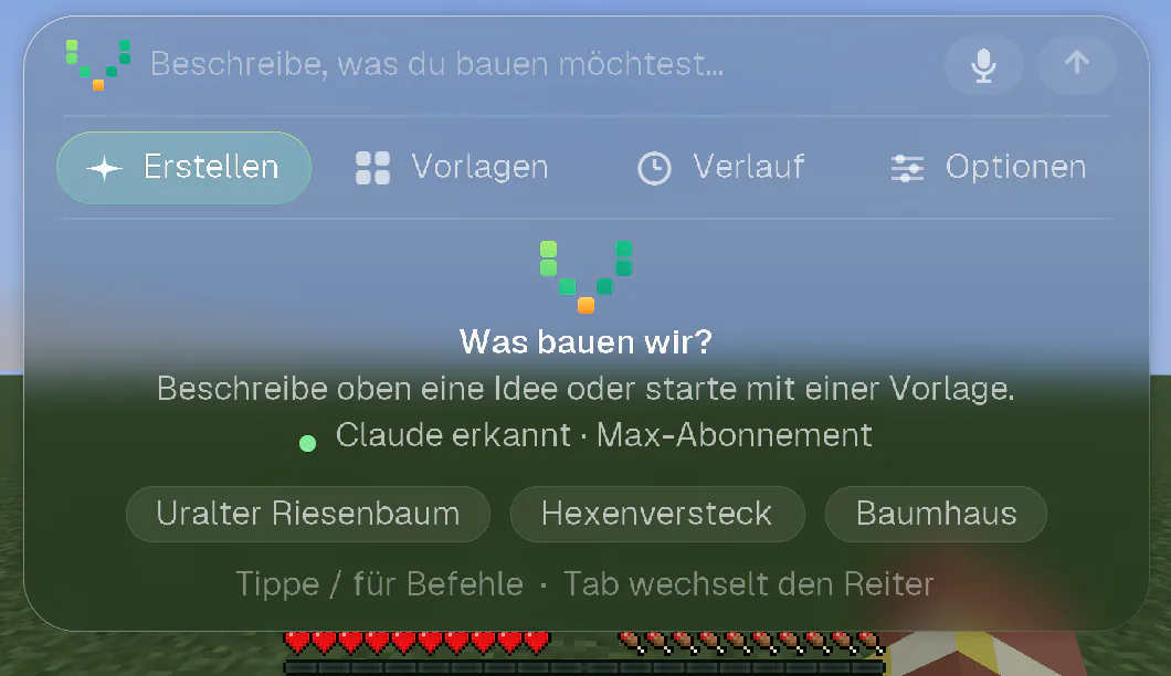 Der Willkommensbildschirm mit der Zeile „Claude erkannt · Max-Abonnement“ und drei Ideen für den Start.