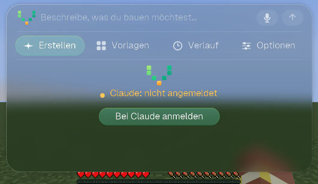 Der Willkommensbildschirm von Voxelwright AI in Minecraft: die Zeile „Claude: nicht angemeldet“ und ein Knopf „Bei Claude anmelden“.