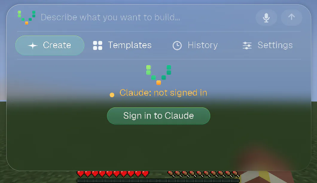The Voxelwright AI welcome screen in Minecraft: the line “Claude: not signed in” and a Sign in to Claude button.