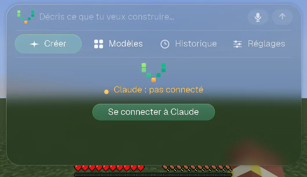 L’écran d’accueil de Voxelwright AI dans Minecraft : la ligne « Claude : pas connecté » et un bouton Se connecter à Claude.