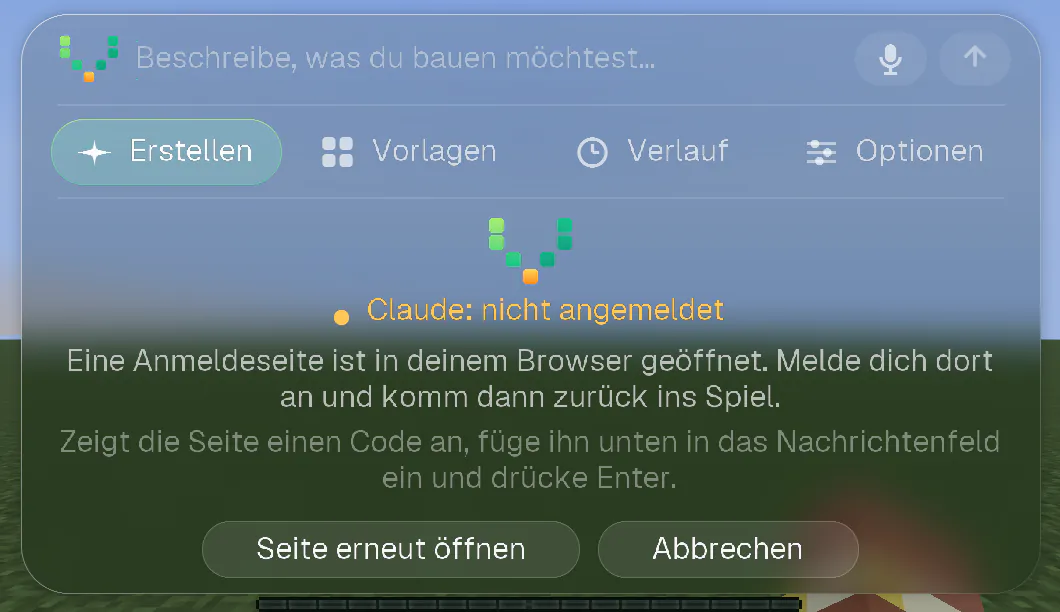 Der Willkommensbildschirm, während die Anmeldeseite im Browser geöffnet ist, mit den Knöpfen „Seite erneut öffnen“ und „Abbrechen“.