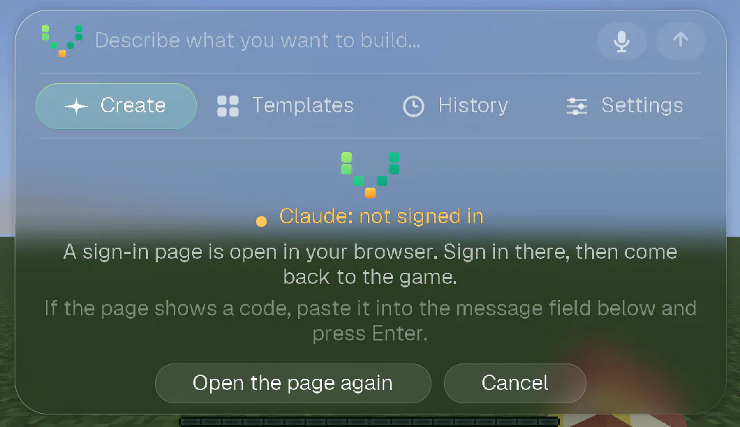 The welcome screen while the sign-in page is open in the browser, with the buttons Open the page again and Cancel.