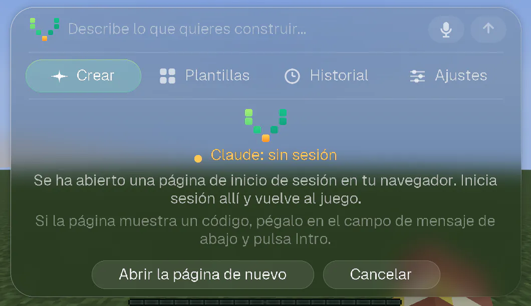 La pantalla de bienvenida mientras la página de inicio de sesión está abierta en el navegador, con los botones Abrir la página de nuevo y Cancelar.