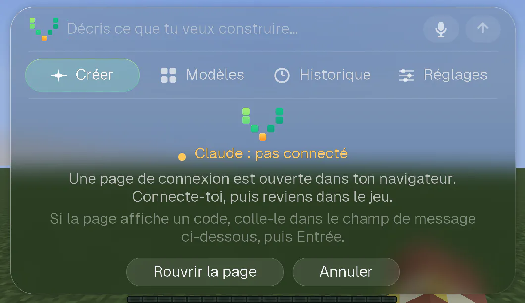 L’écran d’accueil pendant que la page de connexion est ouverte dans le navigateur, avec les boutons Rouvrir la page et Annuler.