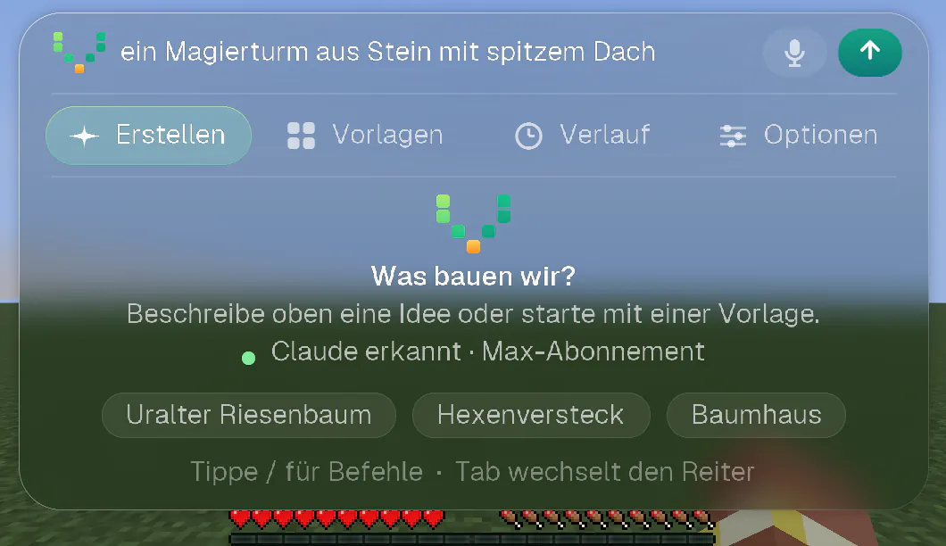 Das Panel von Voxelwright AI mit einer Anfrage im Feld oben und leuchtendem Sendepfeil.