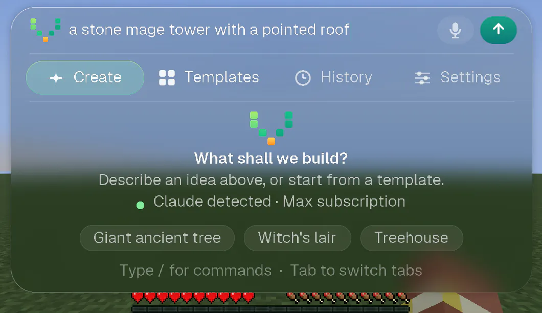 The Voxelwright AI panel with a request typed in the field at the top and the send arrow lit.