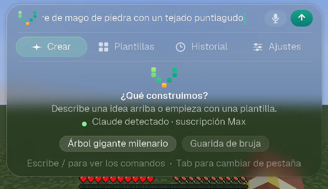 El panel de Voxelwright AI con una petición escrita en el campo de arriba y la flecha de envío encendida.