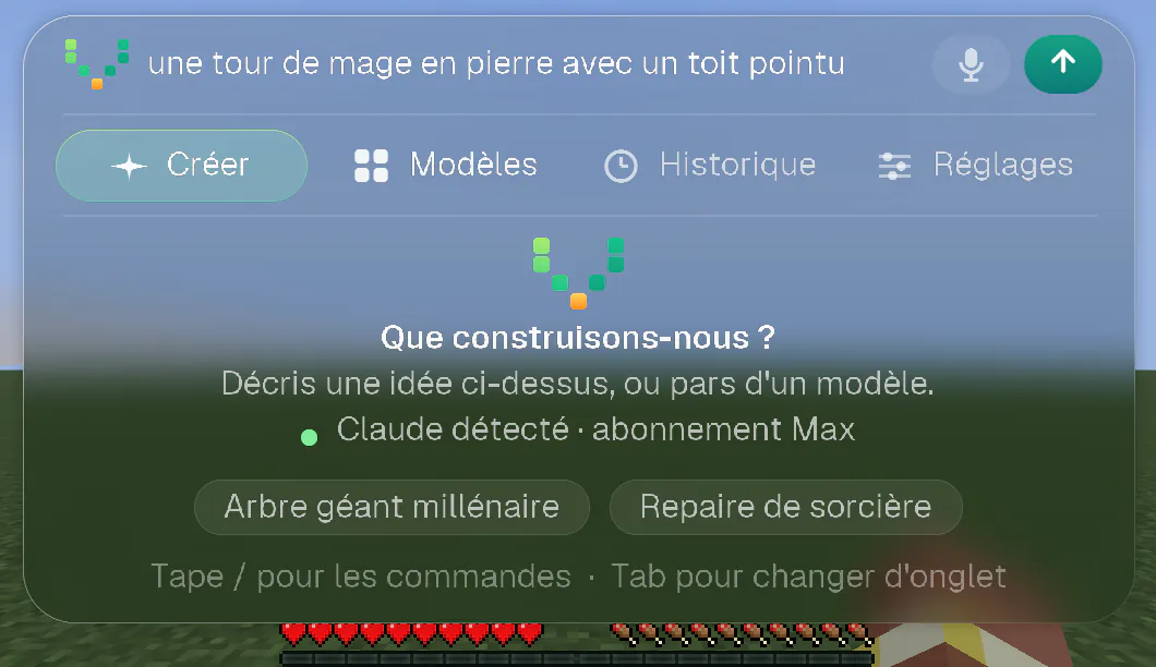 Le panneau Voxelwright AI avec une demande tapée dans le champ du haut et la flèche d’envoi allumée.