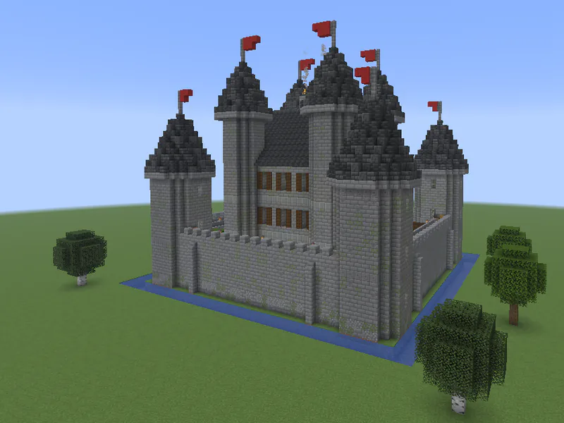 A stone castle with a moat built by Voxelwright AI from one sentence.